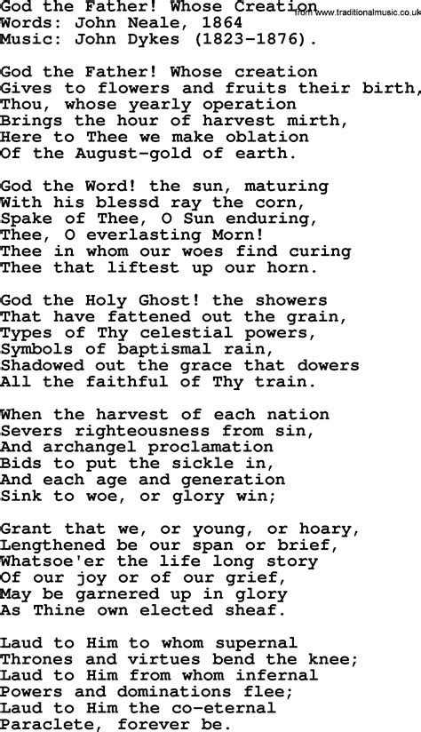 Thanksgiving and Harvest Hymns & Songs: God The Father! Whose Creation - lyrics, and PDF