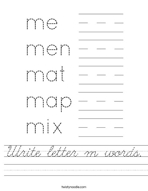 Write letter m words Worksheet - Cursive - Twisty Noodle