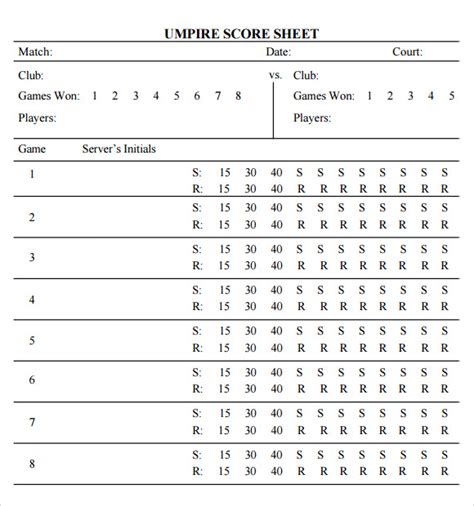 8+ Sample Tennis Score Sheets | Sample Templates