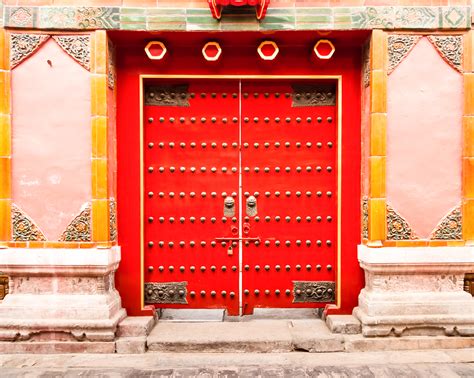 Red lacquered double door with metal studs: Forbidden City (Imperial ...