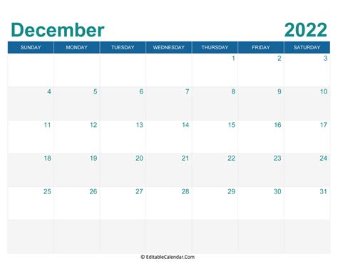 December 2022 Editable Calendar with Holidays