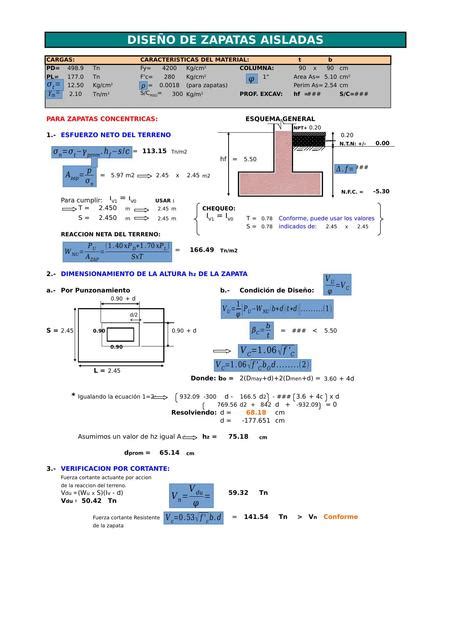 Hoja de Excel de Cálculo de Diseño de una Zapata Aislada | Apuntes de ...