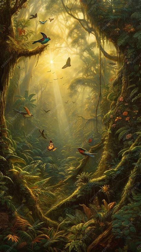 Premium AI Image | A painting of a jungle with a jungle scene.