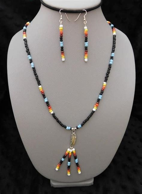 25" Matte Black Native American Glass Seed Bead Necklace and Earring Jewelry Set | Seed bead ...