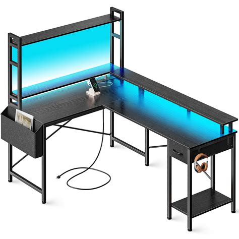 L Shaped Desk Gaming Desk with LED Lights & Power Outlets, Computer ...