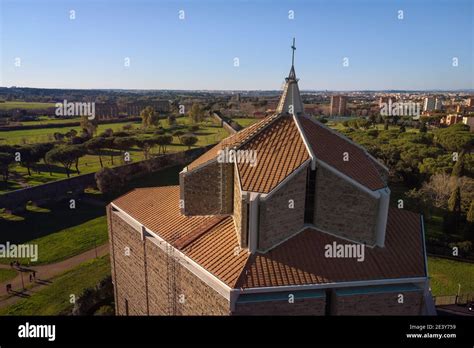 Church of San Policarpo aerial view against Parco degli Acquedotti park ...