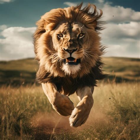 Premium AI Image | A lion jumping over the camera highspeed chase on ...