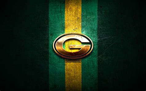 Download wallpapers Green Bay Packers, golden logo, NFL, green metal background, american ...