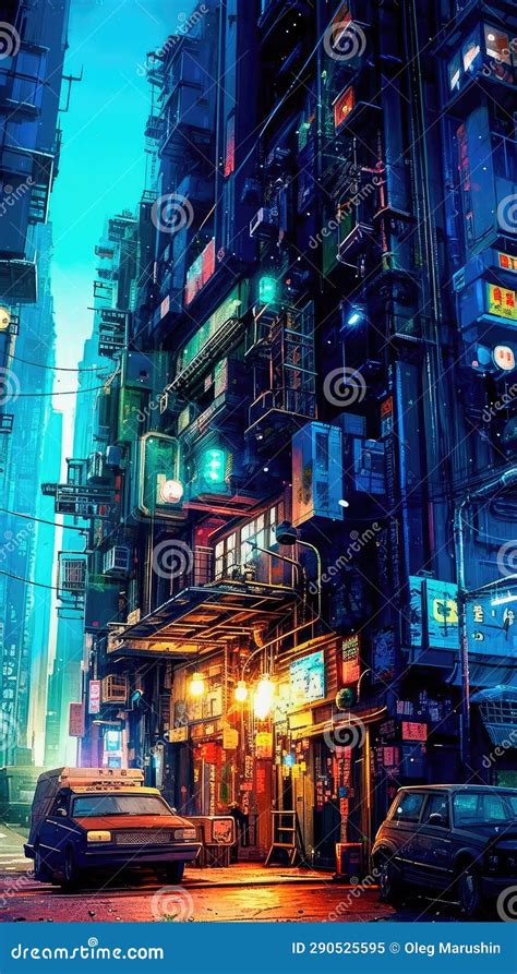 Lovely Anime Cyberpunk City Painting, Digital Painting, Night. Generative AI Stock Image - Image ...