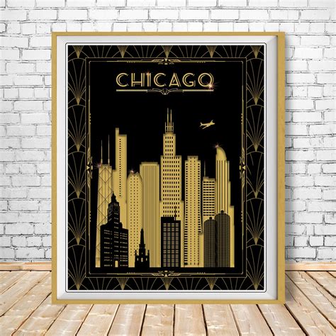 Chicago Skyline Print Art Deco Poster Chicago Cityscape - Etsy