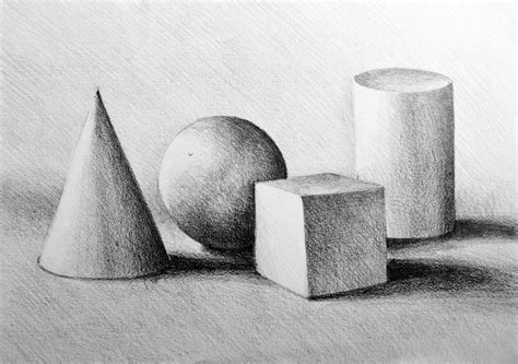 Drawing illustration of still life composition with cylinder, sphere, cube and cone Art Print by ...