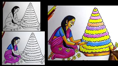 Bathukamma drawing step by step / how to draw bathukamma / bathukamma ...