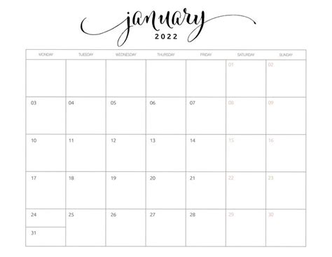 Free Printable Minimalist January 2022 Calendars