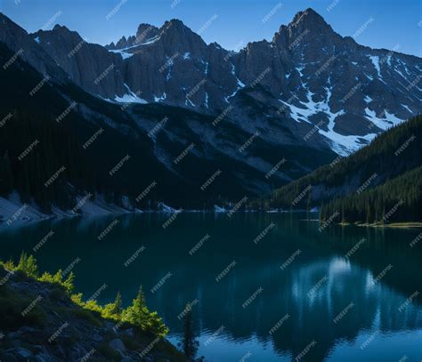 Premium AI Image | a view of a mountain lake with a mountain in the ...