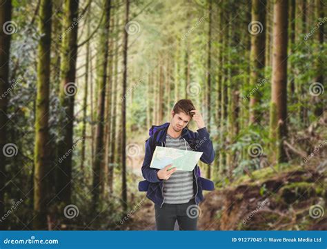 Mountain Travel, Lost Man with the Map in the Forest Stock Image - Image of puzzled, caucasian ...