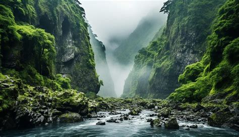 Premium AI Image | Shot of mountain waterfall partially hidden by mist