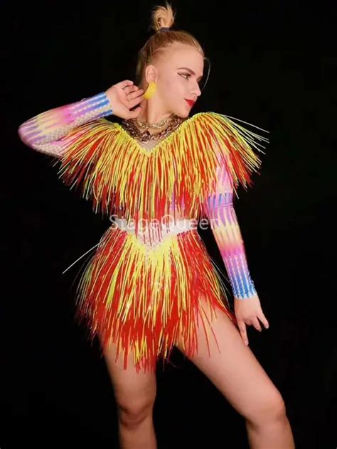 Neon Orange Dance Bodysuit Women Singer Stage Wear Outfit Nightclub ...