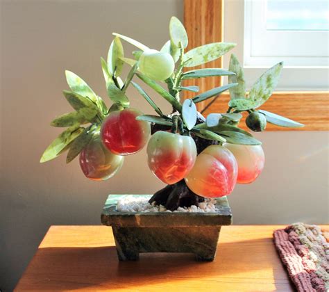 Vintage Chinese Jade and Hardstone Bonsai Peach Tree - Jade Bonsai Tree with Peaches | Jade ...