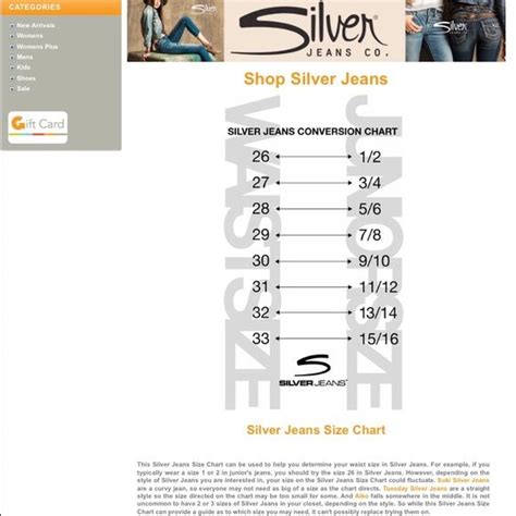 Silver Jean size chart | Silver jeans size chart, Silver jeans, Jeans gift