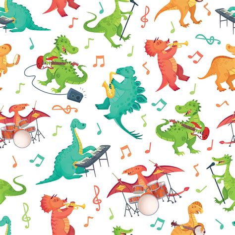 Seamless cartoon music dinosaurs pattern. Dino band, cute dinosaur ...