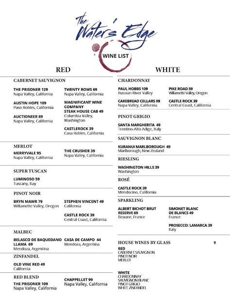 Menu at The Water's Edge Restaurant, Mount Pocono