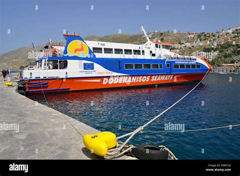 Dodekanisos Seaways ferry boat in Symi Harbour, Symi (Simi), Rhodes (Rodos) Region, The ...