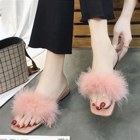 Plus Size 35 43 Women Fur Slippers Low Heels Slipper Real Fur Slipper Woman Slides Outside ...