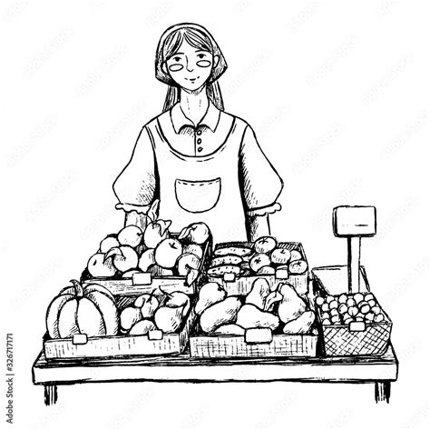 Hand drawn vector illustration. Lovely friendly seller character. A woman sells vegetables and ...