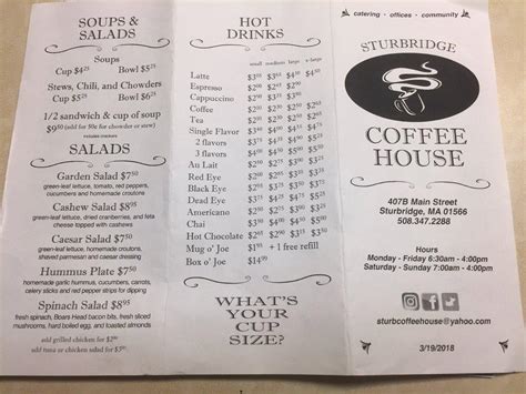 Menu at Sturbridge Coffee House, Sturbridge