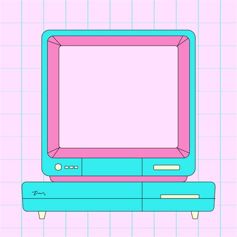 Retrowave y2k pc. An old computer with a CRT monitor on a grid background. Monitor screen ...