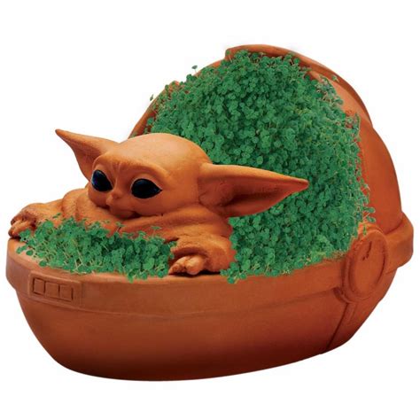 An Adorable Baby Yoda Chia Pet in a Floating Crib