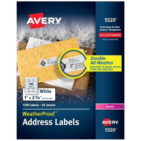 Avery 5520 TrueBlock 1" x 2 5/8" Weatherproof White Mailing Address Labels - 1500/Box