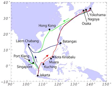 The VOS shipping routes in Southeast Asia. Green and blue lines show... | Download Scientific ...