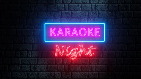 Brick wall at night with neon sign karaoke night. Advertising bright night karaoke bar, party ...