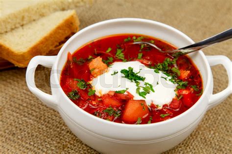 Traditional Ukrainian borsch with sour cream | Stock image | Colourbox