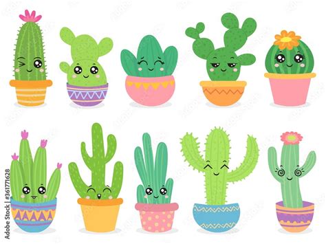 Cartoon cactus. Cute succulent or cacti plant with happy funny face ...