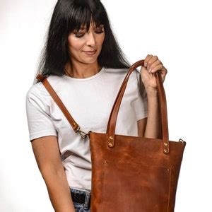 Cognac Leather Bag, Casual Leather Bag, Zippered Tote Bag, Shoulder Woman Bag, Woman Shopping ...