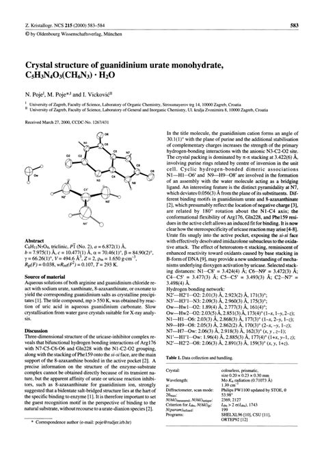 (PDF) Crystal structure of guanidinium urate monohydrate, C5H3N4O3(CH6N3) · H2O