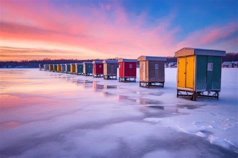 Premium AI Image | Colorful ice fishing shanties lined up on frozen lake created with generative ai