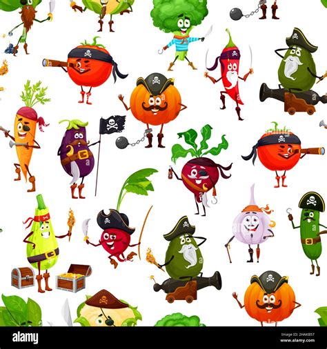 Cartoon captain and sailor pirate or corsair vegetable characters, vector seamless pattern ...