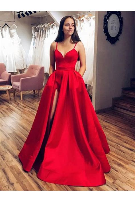 A-Line Long Red Satin Prom Dresses Formal Evening Gowns 6011576