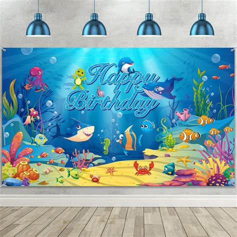 Buy Sea Backdrop Ocean Animal Happy Birthday Decorations Under Ocean Theme Birthday Photography ...