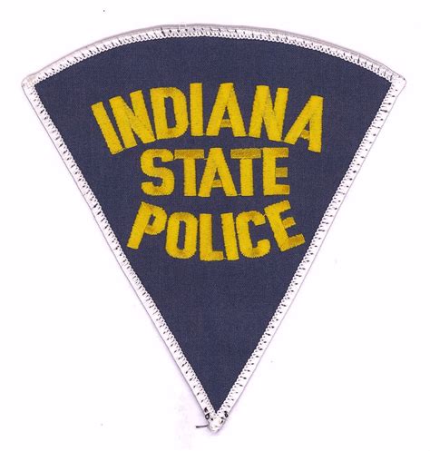 the indiana state police logo is shown on a blue triangle shaped badge with yellow letters