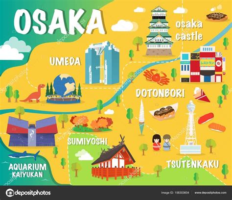 Osaka Attractions Map | Japan illustration, Japan map, Illustrated map