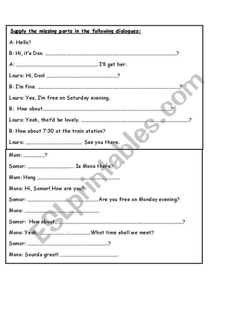 dialogue gap filling exercises - ESL worksheet by reham12378@hotmail.com