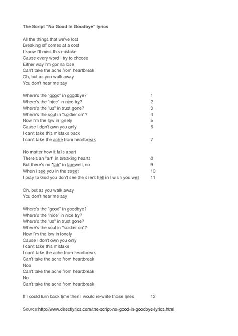 Song Worksheet: No Good in Goodbye by the Script