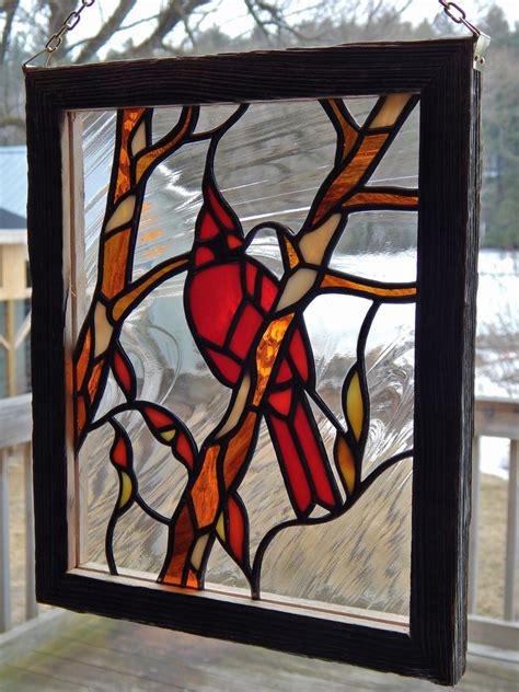 Stained Glass Cardinal Panel with Barn Board Frame