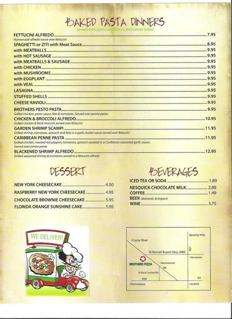 Menu at Brothers Pizza pizzeria, Crystal River, W Gulf to Lake Hwy