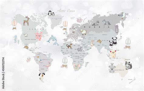 world map animals for kids room wallpaper design Stock Illustration ...