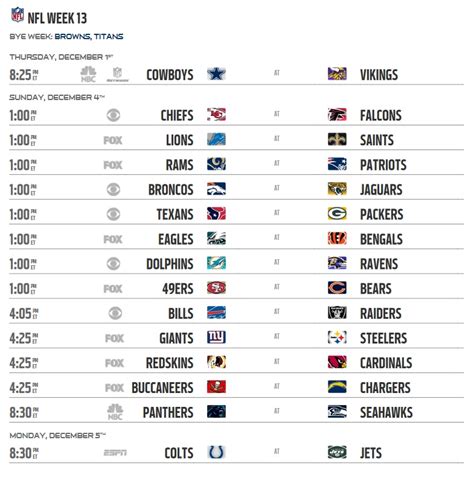 NFL 2016 Schedule Week 13 Regular Season